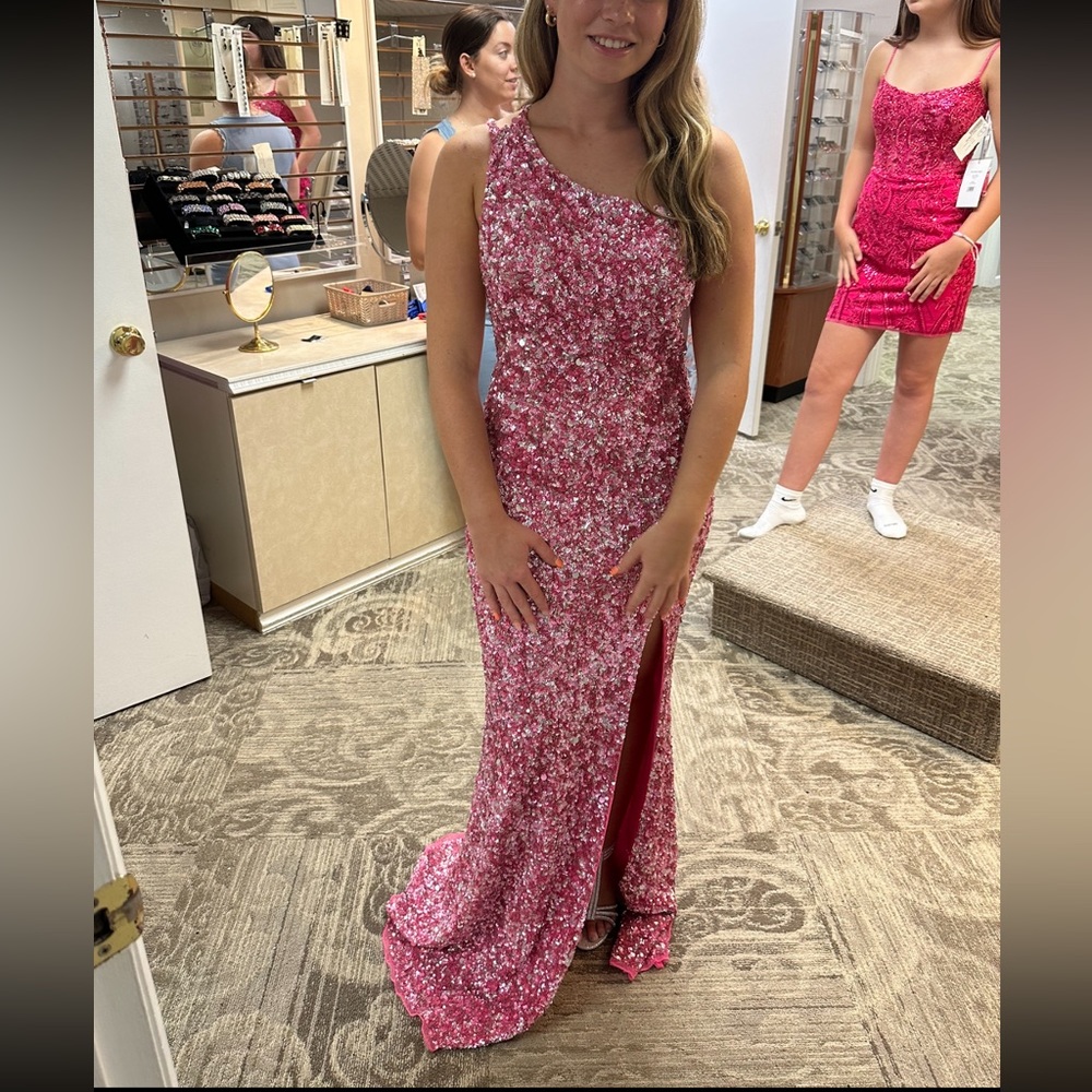 Aleta size 6 prom dress altered to a size 2, pink and silver sequin prom dress